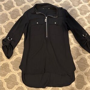 Michael Kors Black Zippered Blouse with Roll-Up Sleeves